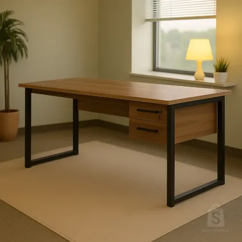 Mesa Escritório Pé Quadro 1,50×0,60m com Gavetas Nogal Sevilha/Preto Compacta 24473
