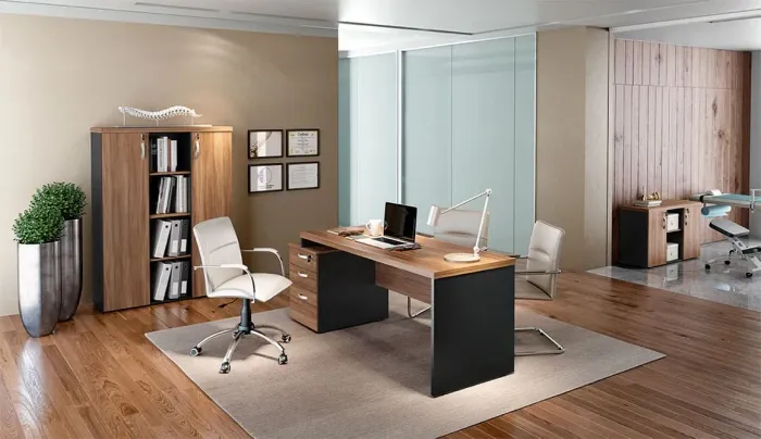 MESA DE ESCRITORIO RETA PEDESTAL COM ARMARIO - LOJA IKONMIXOFFICE