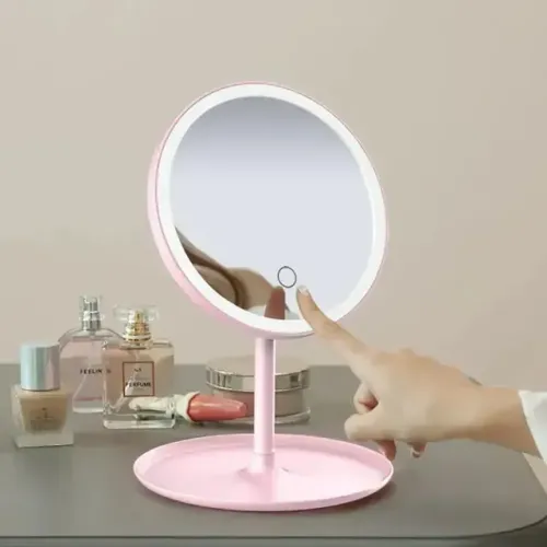 Espelho De Mesa Maquiagem Iluminação Luz Led Recarregável Disponível no Rosa E Branco