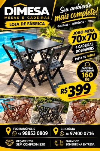 Conjunto preto ou imbuia, mesa 70x70 com 4 cadeiras dobráveis