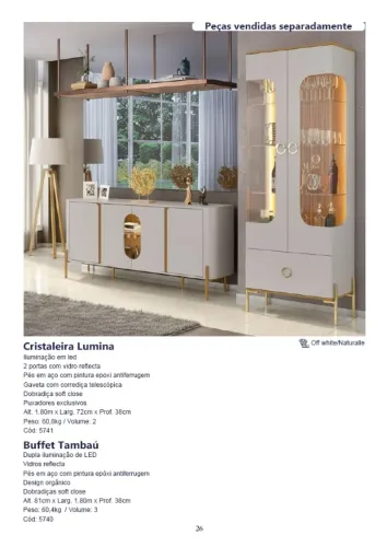 Cristaleira Lumina com Led pés de aço e Buffet - Kit