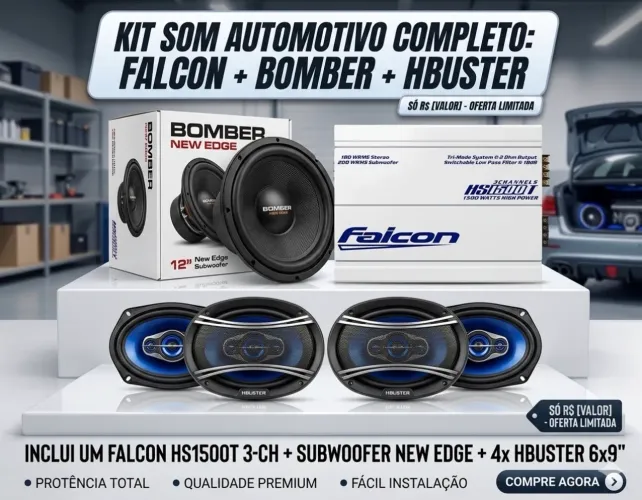 Kit Som Automotivo Completo Módulo Falcon + Subwoofer Bomber + 4 H-Buster
