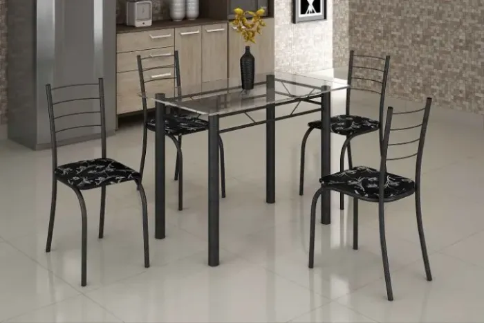 Mesa de Cozinha Rio Martelado Tmp Vidro com 4 Cds Martelado Preto Teixeira Entrega Rápida!