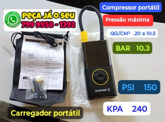 compressor/Carregador portátil, lanterna, quatro funções
