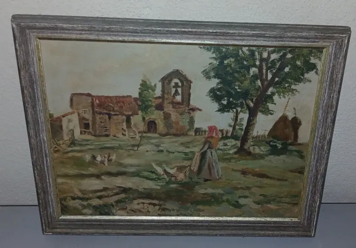 Quadro de Parede Vintage - Paisagem Campestre Com Moldura de Madeira