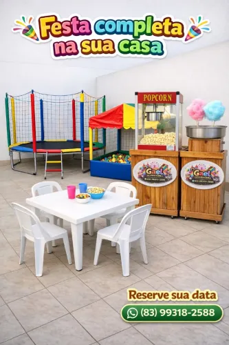 Aluguel de mesas e cadeiras, cama elástica, piscina de bolinhas, pipoca e algodão doce! 