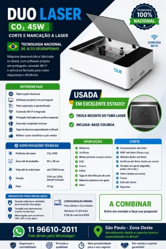Máquina Laser CO2 45W Due - Corte e Marcação | EXCELENTE ESTADO