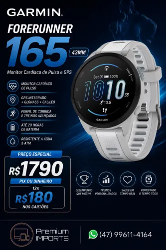 Garmin Relógio Forerunner |165 - 43mm com Monitor Cardíaco de Pulso e GPS