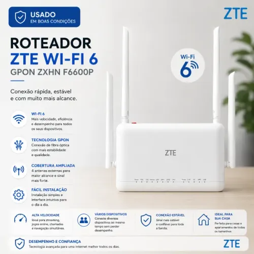 Roteador ZTE Wi-Fi 6 GPON ZXHN F6600P Dual Band 2.4GHz e 5GHz