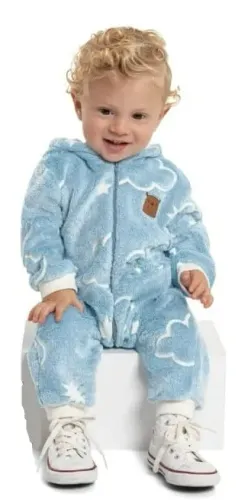 Macacão Bebê Quimby Manga Longa Malha Fleece Azul Tamanho P - Novo e Quentinho