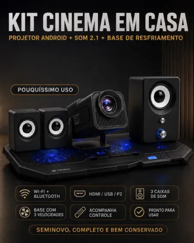 KIT CINEMA EM CASA COMPLETO - PROJETOR SMART + SOM 2.1 + BASE REFRIGERADA