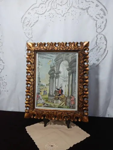 Antigo Quadro com Gravura e Moldura De Madeira