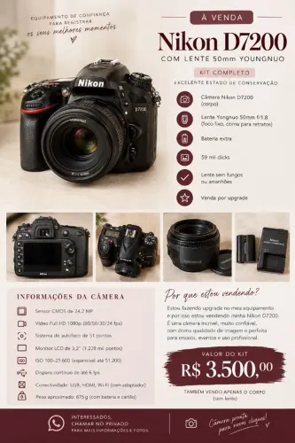 Nikon D7200 com lente 50 mm e bateria extra