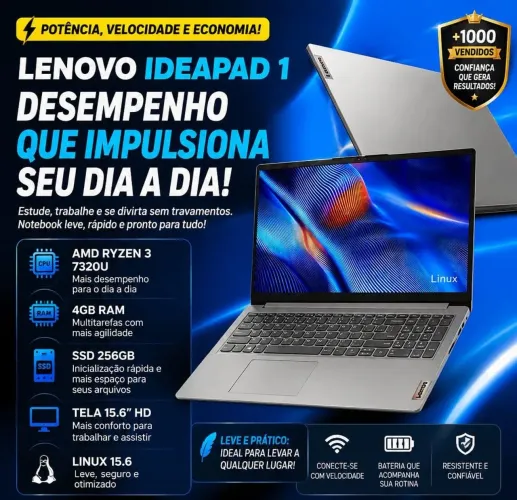 Notebook Lenovo Ideapad 1 AMD Ryzen 3 7320U 4gb 256gb SSD Linux 15.6 HD 82x5s00600