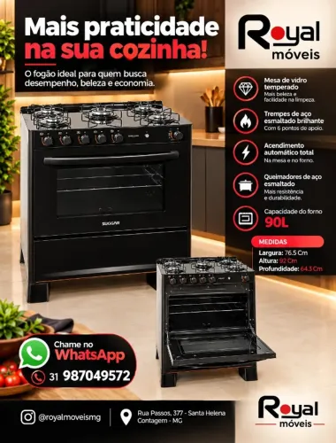 Fogão Automático Tampo Vidro 5 Bocas. Produto Novo Direto de Fábrica P/Sua Casa.