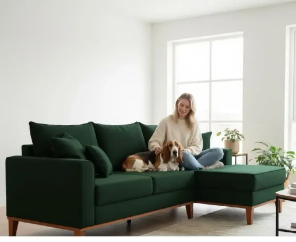 Sofá 3 Lugares Beny com Chaise Direito Suede Verde