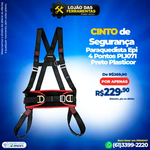 Cinto de Segurança Paraquedista Epi 4 Pontos PL1071 Preto Plasticor