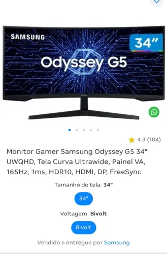Monitor Gamer Samsung Odyssey G5 34" UWQHD, Tela Curva Ultrawide, Painel VA, 165Hz, 1ms