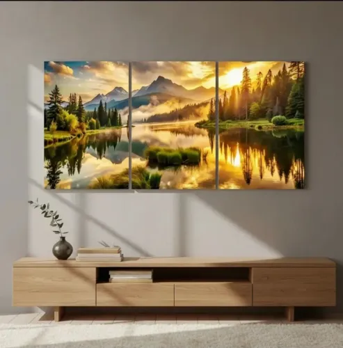 Kit de 3 quadros decorativos de paisagen de madeira pinus com adesivo 