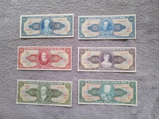 6 Cédulas antigas coleção anos 60 # 2 à 500 Cruzeiros