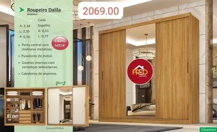 Guarda roupa casal Dalila , porta de correr e espelho, entrega e monta