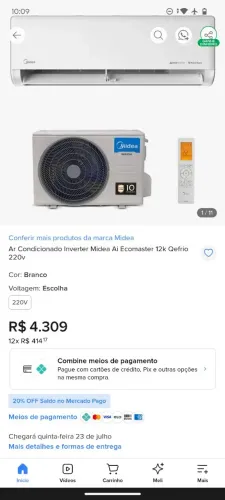 Ar condicionado INVERTER 120v 12000Btus com IA