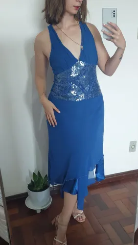 Vestido midi azul royal brilhoso, lindo, estilo Marilyn Monroe