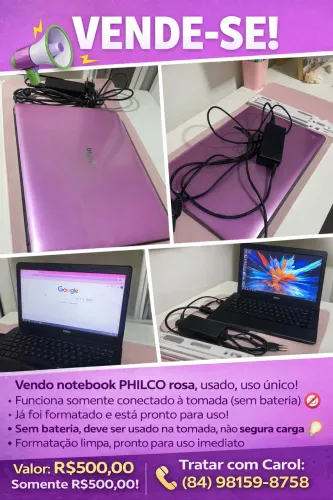 VENDE-SE NOTEBOOK PHILCO ROSA - R$500,00