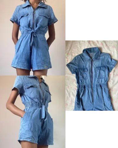Macacão curto jeans de algodão acinturado com zíper e bolsos (PP)