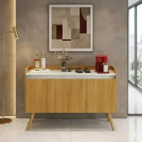 Buffet Gold Marmorizado Mel/Marmore Branco Com 3 Portas! Frete Grátis