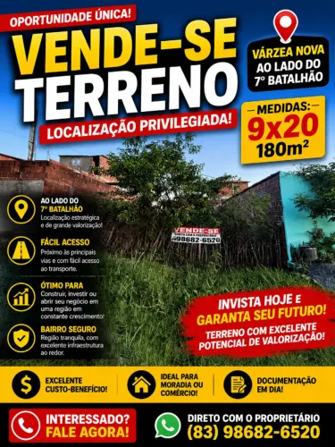Terreno Amplo, ao lado do 7 batalhão (OPORTUNIDADE) MEDE 9X20