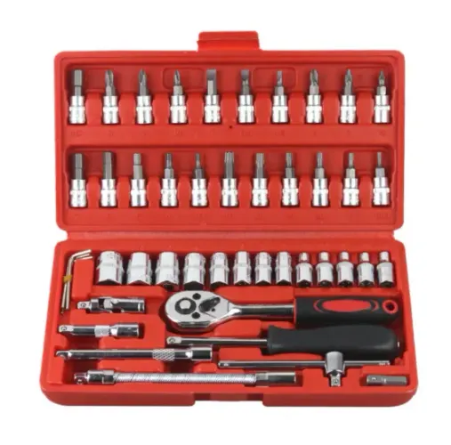 Kit Chaves Jogo Catraca Reversível Soquetes 46 Peças+maleta Vermelho