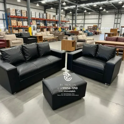 Conjunto Sofá 3 e 2 Lugares Puff Courino Preto D33 Durável