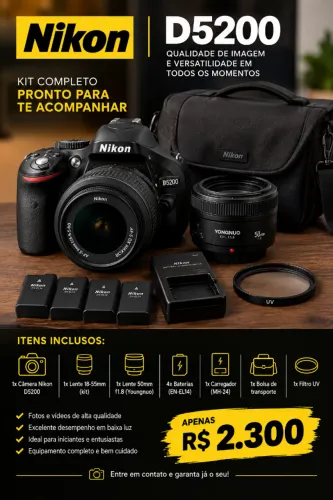 Camera Nikon D5200 + 2 lentes + 4 baterias + filtro + bolsa