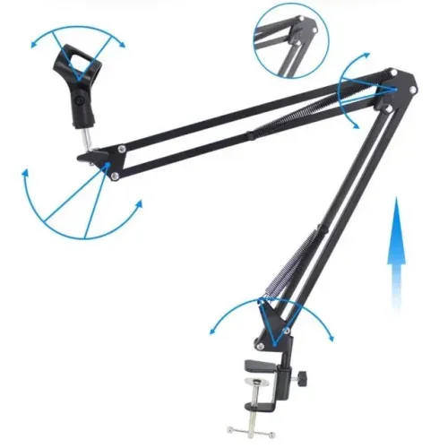 Braço Articulado de Mesa para Microfone | Suporte Tipo Tesoura Reforçado com Braçadeira |