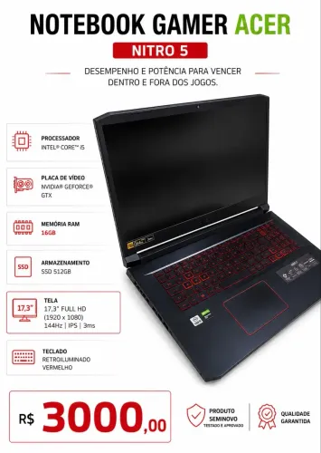 (Apenas hoje) Nitro Acer - 16Gb - GTX 1650 - i5