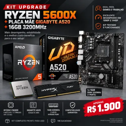 Kit Ryzen 5600x + 16gb 3200mhz + A520 Gigabyte (não abaixo preço) faço envio