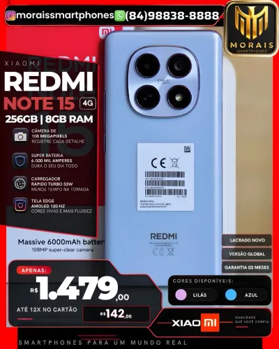 Redmi Note 15 - 256GB | 8GB RAM - Azul, Lilás - GARANTIA 03 MESES |