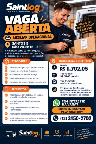 Vaga para Auxiliar Operacional - Santos e São Vicente CLT