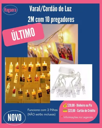 Novo: Varal/Cordão de Luz - 2M com 10 pregadores