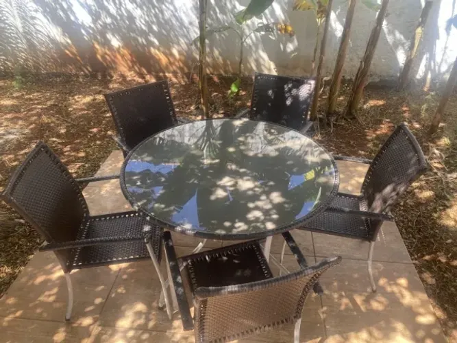 Conjunto Jardim Mesa Vidro 1,20 m + 5 Cadeiras Fibra Sintética Reformado