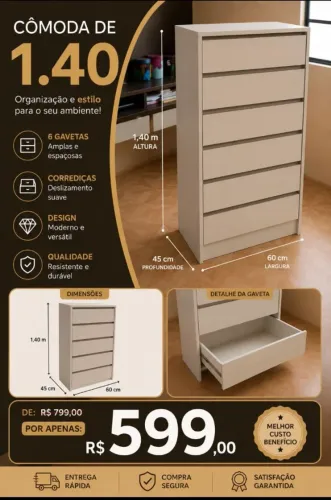 CÔMODA CM 6 GAVETAS MDF NOVO
