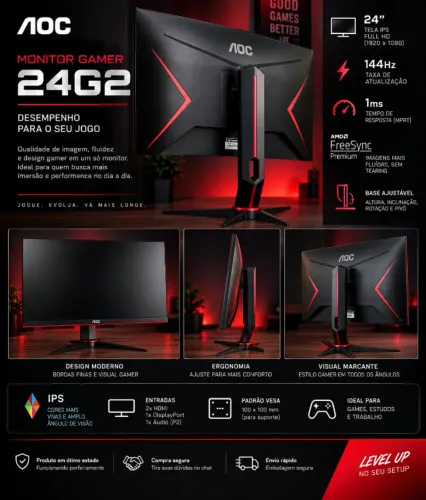 Monitor Gamer AOC 24G2 24" IPS 144Hz 1ms Full HD - FreeSync Premium