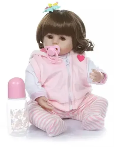 Boneca Bebê Reborn Menina Realista, com chupeta e mamadeira