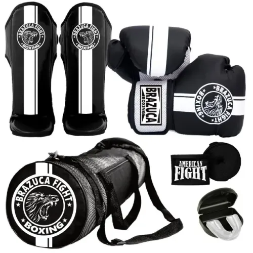 Kit Boxe Muay Thai Luva Caneleira Bolsa Bandagem Bucal Brazuca-MMA BRAZUCA