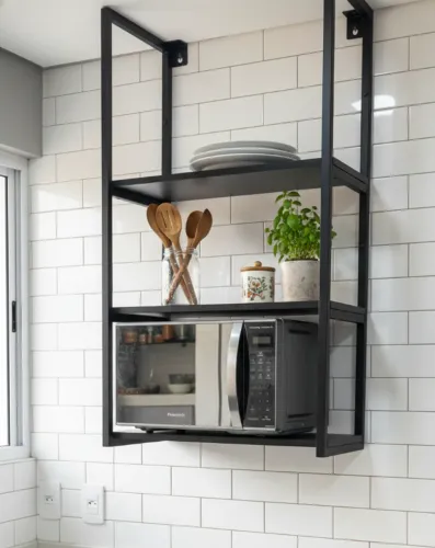Prateleira Aérea Preta para Cozinha - Organização à Vista,Estilo de Revista na Sua Bancada