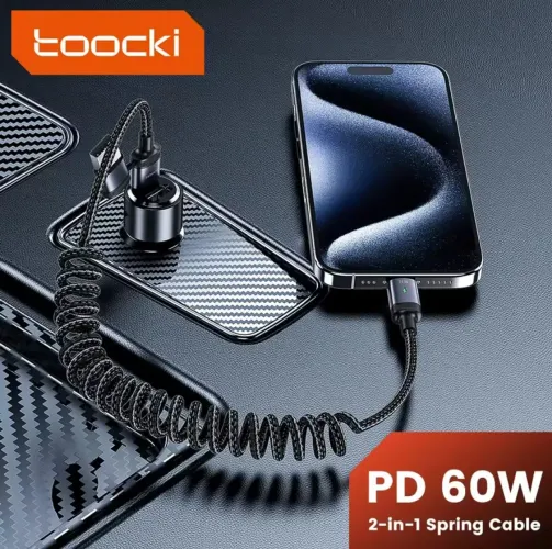 Cabo Espiral Toocki 60w 3 em 1,Híbrido USB-A Tipo C Versátil Turbo Carga 1,5 metros