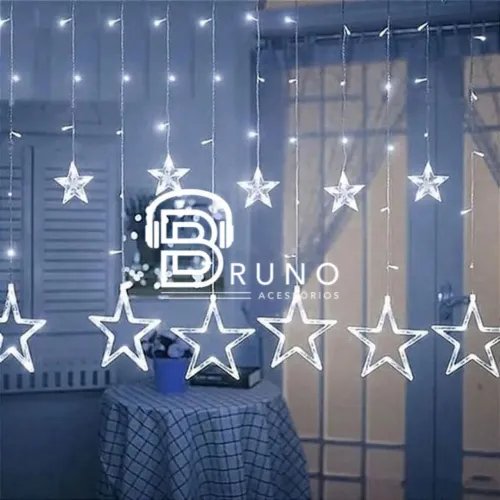 Cascata Led Estrelas Branco Frio 2,5m 8 funções 