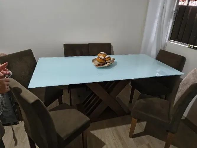 Conjunto de Mesa Sala de Jantar Tampo com Vidro 1,60m Grécia 6 Cadeiras 