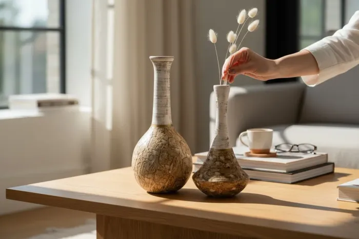 Par de Vasos Linha Areia Bege e Dourado P/ Sala